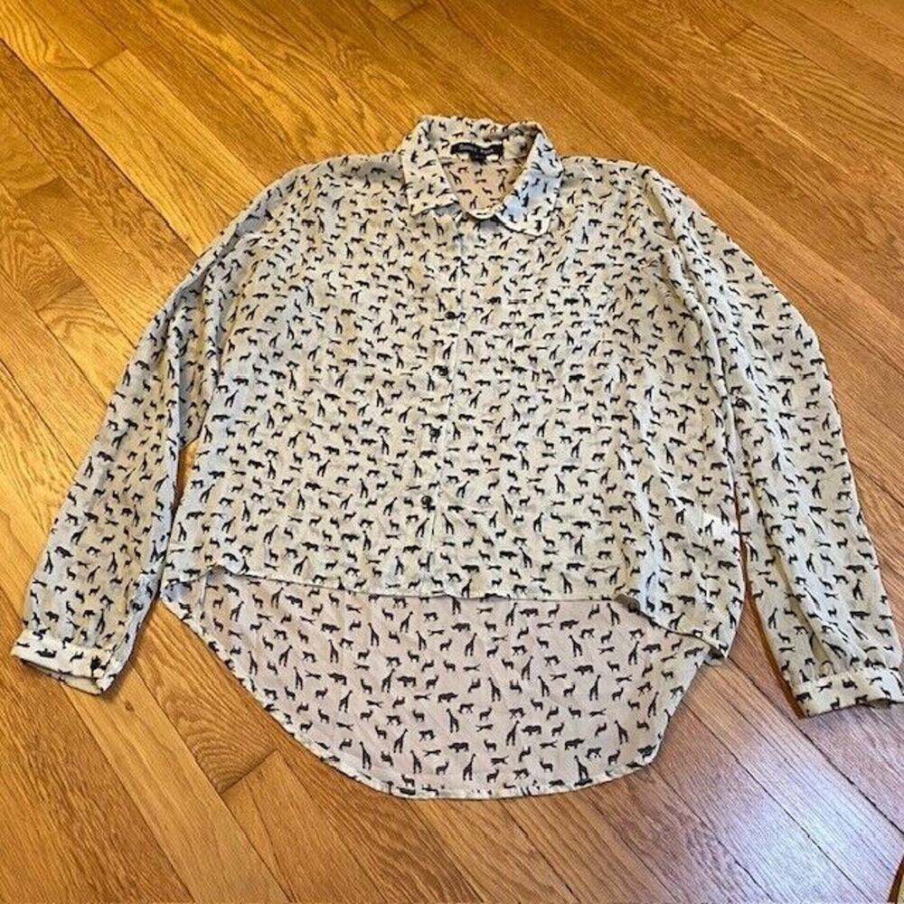 Sweet Rain Womens Large Ivory Sheer Zoo Animal Print Button Down Blouse Shirt